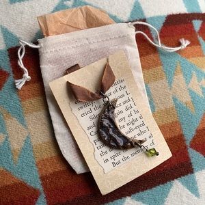 Moon phase necklace ceramic pendant w/ swarovski crystal accent bead, 18”ribbon